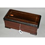 A LATE 19TH CENTURY SIMULATED ROSEWOOD AND EBONISED CYLINDER MUSICAL BOX, cylinder 11cm, comb has