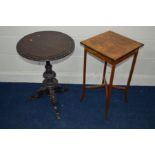 A REPRODUCTION STAINED MAHOGANY CIRCULAR TOPPED TRIPOD TABLE 50cm x height 73cm together with a burr