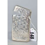 A LATE VICTORIAN SILVER RECTANGULAR CARD CASE, foliate engraved decoration, vacant cartouche, hinged