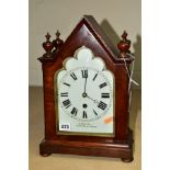 AN EARLY VICTORIAN MAHOGANY CASED BRACKET CLOCK OF TRIANGULAR ARCH FORM, four finials flanking the