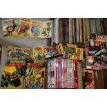 TWO BOXES OF COMICS, ANNUALS AND JIGSAWS, including a complete set of Captain Britain Volume 1,