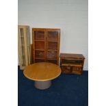 A MODERN SLIM BEECH SINGLE DOOR CABINET, together with an oak two door cabinet (key), a mango wood