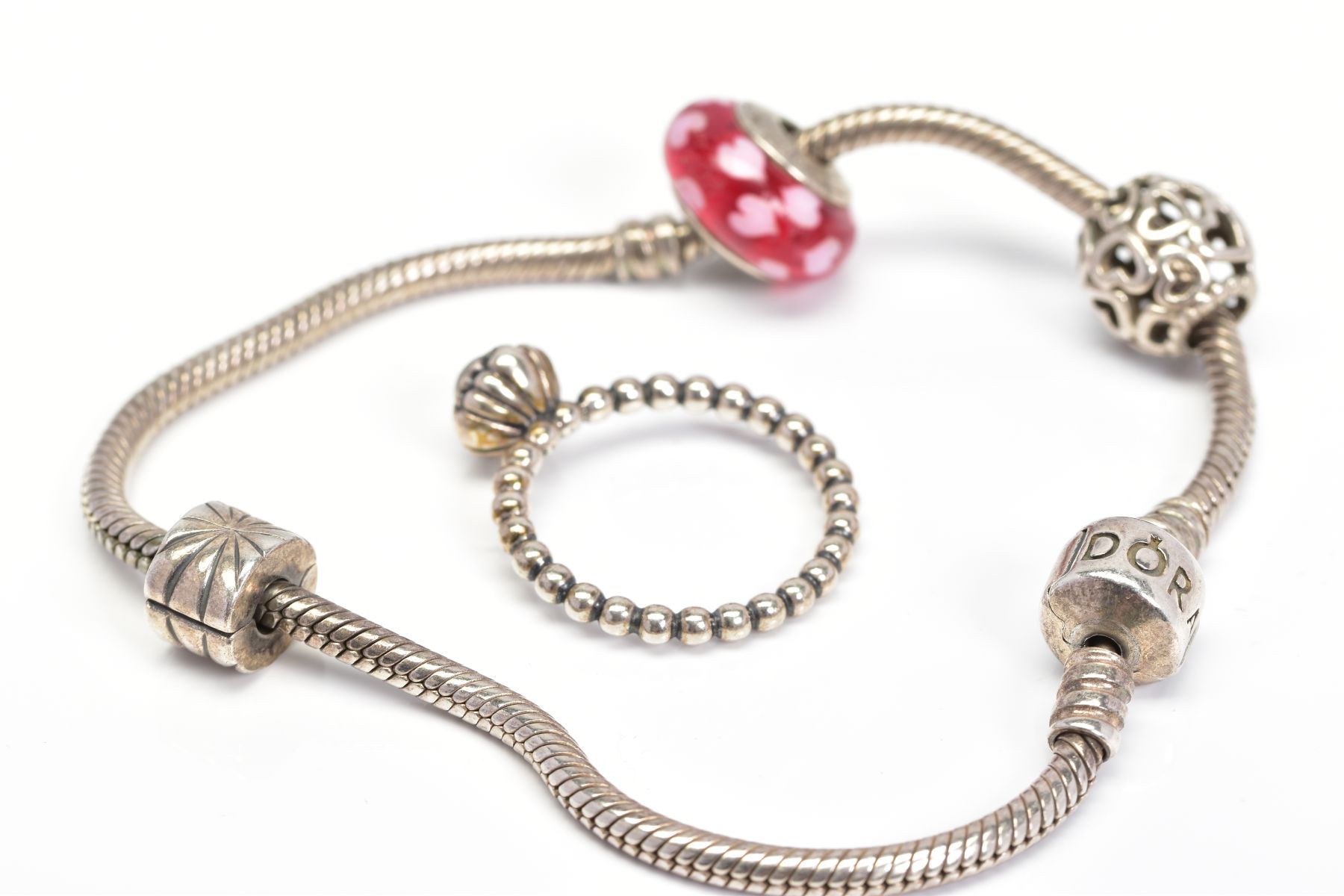 A PANDORA CHARM BRACELET AND RING, the charm bracelet suspending two charms and a spacer charm, - Image 2 of 3
