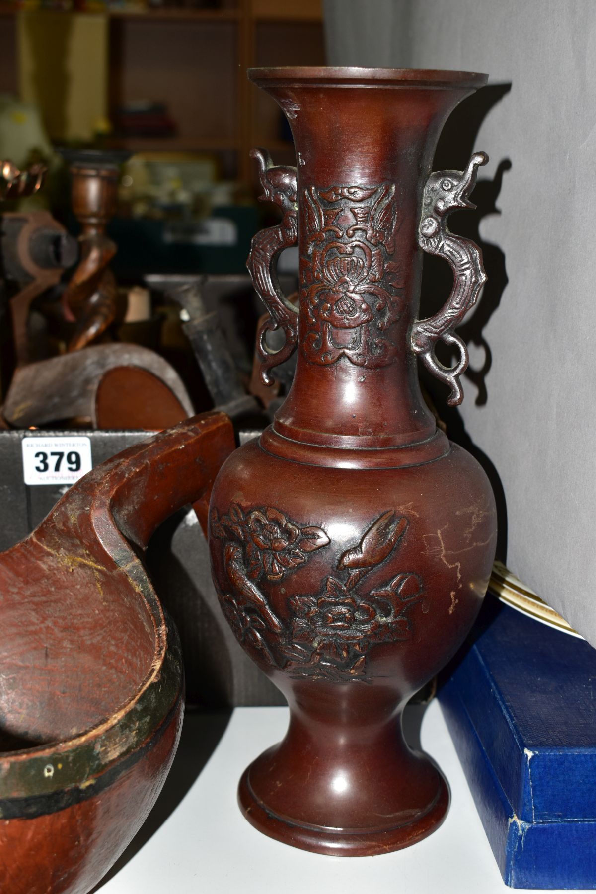 A PAIR OF JAPANESE BRONZED VASES, wooden twin handled vessel and a box of metalware and treen, - Image 3 of 9