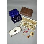 A VICTORIAN MORROCO EXPANDING BOX, A SILVER MOUNTED SEWING SET, TWO VICTORIAN WHITE PAINTED BOXES OF