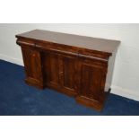 A VICTORIAN FLAME MAHOGANY SIDEBOARD with three half cylindrical fronted drawers, on four cupboard