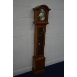 A REPRODUCTION YEWWOOD GRANDDAUGHTER CLOCK with Tempus Fugit brassed and silvered dial, Roman