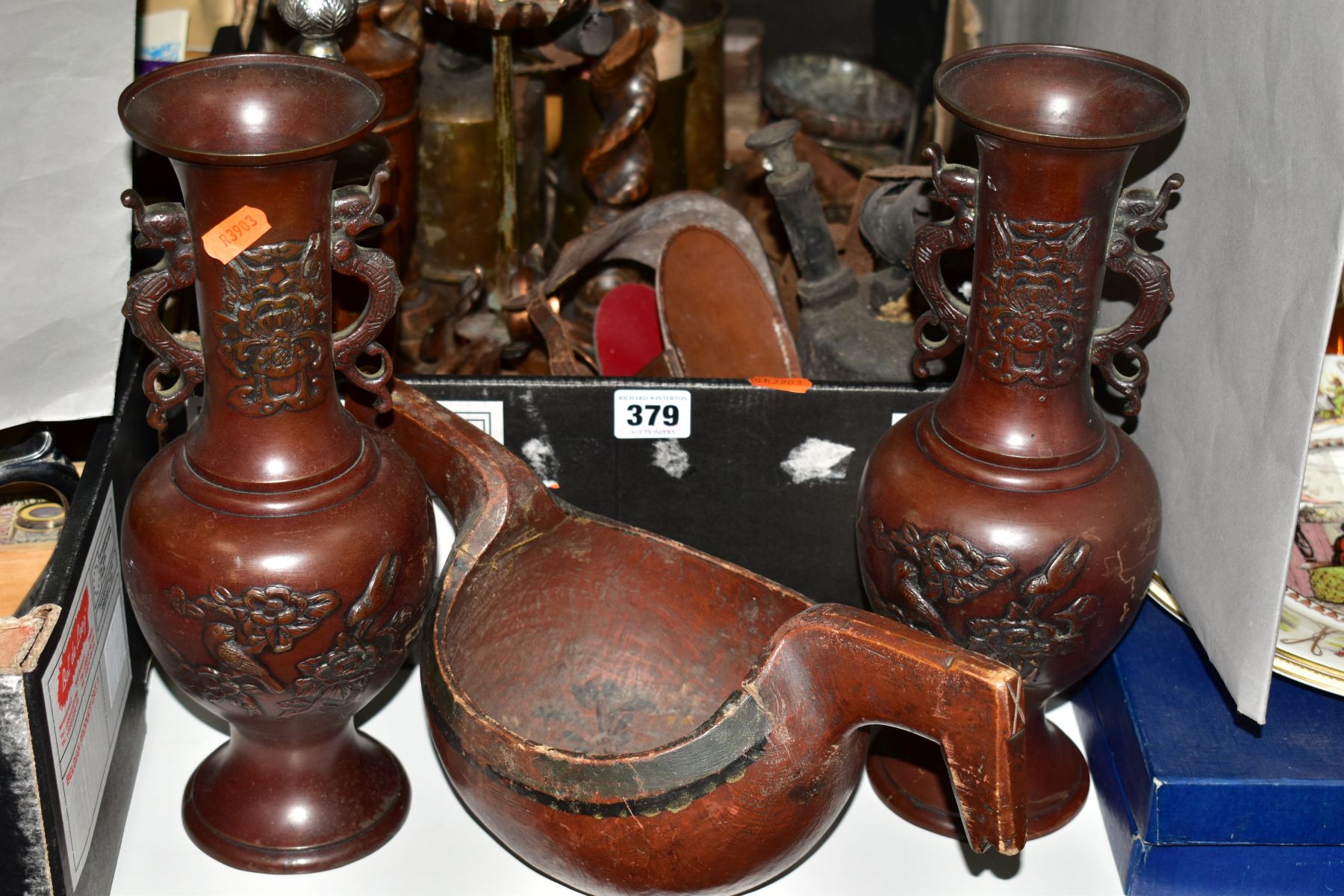 A PAIR OF JAPANESE BRONZED VASES, wooden twin handled vessel and a box of metalware and treen,