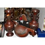 A PAIR OF JAPANESE BRONZED VASES, wooden twin handled vessel and a box of metalware and treen,