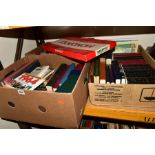 THREE BOXES OF BOOKS AND A GAME OF MONOPOLY, books include Book Club and Readers Digest (three