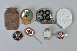 A SELECTION OF GERMAN 3RD REICH TINNIE BADGES, STICK PINS etc to include, thirty eight Stahlhelm