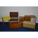 A MID 20TH CENTURY TEAK DRESSING TABLE with a single cupboard door, a teak four drawer music