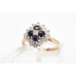 A 9CT GOLD SAPPHIRE AND DIAMOND CLUSTER RING, the three tier cluster designed as a central brilliant