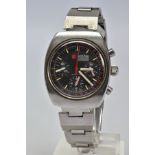 A ROAMER STINGRAY CHRONO WRISTWATCH, black dial with red numbered tachymeter scale surround, baton