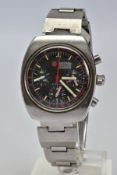 A ROAMER STINGRAY CHRONO WRISTWATCH, black dial with red numbered tachymeter scale surround, baton