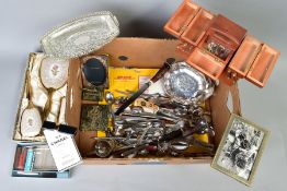A BOX OF METALWARES ETC, including boxed dressing table set, loose cutlery, etc