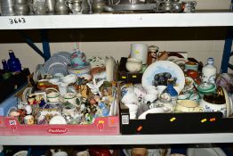FOUR BOXES OF CERAMICS, etc, to include Wade Whimsies, various thimbles, Spode 'Christmas Tree'