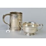 A GEORGE V SILVER TANKARD OF CONICAL FORM, engraved horizontal bands near rims and with initials and