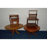 A QUANTITY OF OCCASIONAL FURNITURE to include a burr walnut circular coffee table, a mahogany oval