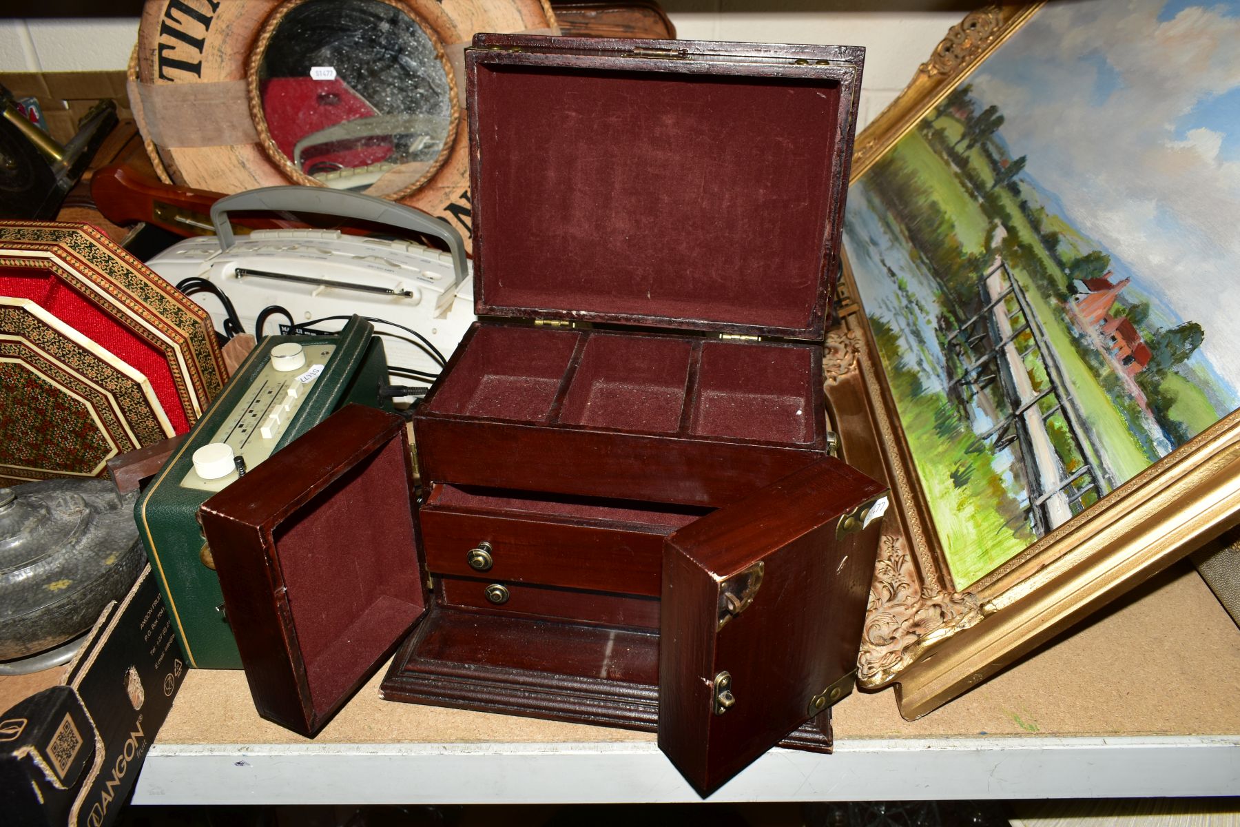 TWO BOXES AND LOOSE SUNDRY ITEMS to include bone chess pieces, lion pewter teapot and coffee pot, - Image 4 of 11