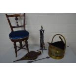AN EDWARDIAN SWIVEL CHAIR on a turned and stretchered base together with a four piece companion