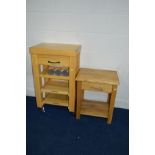 A MODERN BEECH KITCHEN TROLLEY, width 54.5cm x depth 38cm x height 92cm and a light oak bedside