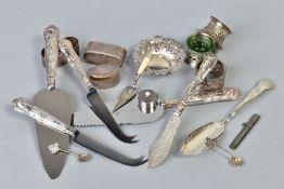 A PARCEL OF SILVER, including Kings pattern silver handled serving utensils, napkin rings, open