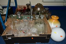 THREE BOXES OF GLASSWARES to include a pair of Waterford Crystal tumblers, Polish decanters, metal