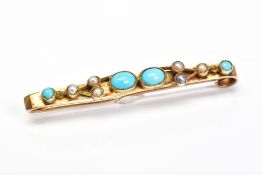 A TURQUOISE AND SPLIT PEARL BAR BROOCH, the wide bar set with two central oval turquoise cabochons