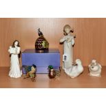 FOUR FIGURINES AND THREE JEWELLERY BOXES, comprising a Lladro figure No4871, girl with guitar,