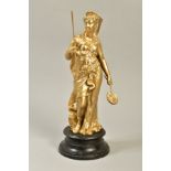 A LATE 19TH CENTURY SPELTER FIGURE OF A GRECIAN LADY, later gilt decoration, on a circular cast iron