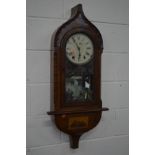 A LATE 19TH CENTURY WALNUT AND TUNBRIDGE WARE INLAID WALL CLOCK, distressed dial, indistinctly