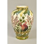 A LATE 19TH CENTURY ZSOLNAY PECS LUSTRE BALUSTER VASE, cream ground decorated with birds amongst