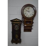 A 19TH CENTURY WALNUT AND MARQUETRY INLAID DROP DIAL WALL CLOCK (sd, losses) and an oak wall clock