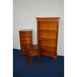 A REPRODUCTION YEW WOOD OPEN BOOKCASE, with triple adjustable shelves, width 82cm x depth 38cm x