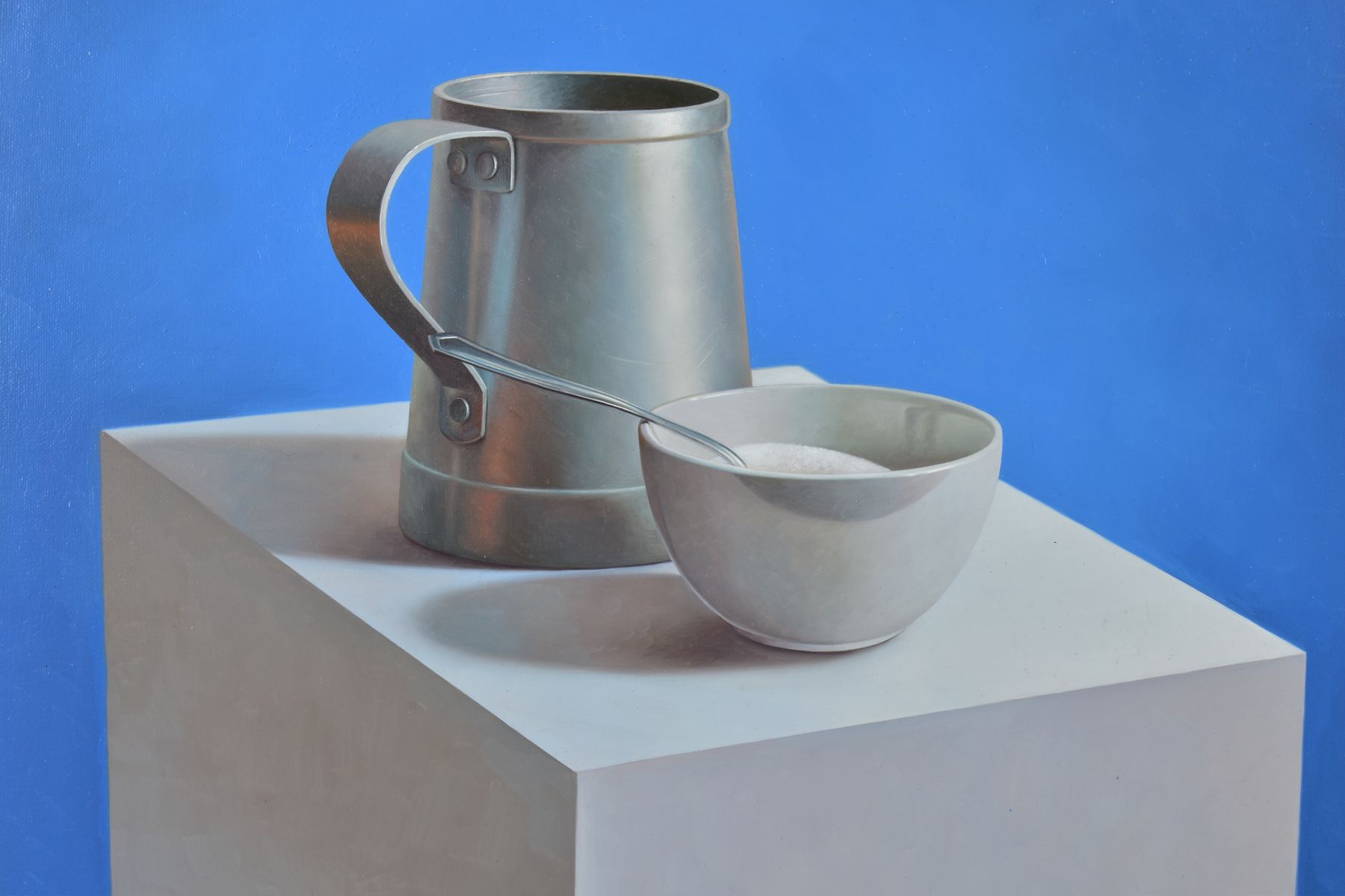 JUAN HIGUERAS (SPANISH 1963) 'STILL LIFE I', a study of a pewter mug and bowl of sugar, signed - Image 2 of 4