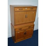 TWO 1980'S TEAK TWO DOOR CABINETS, with single drawers, width 84cm x depth 46cm x height 69cm (2)