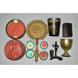 A BOX OF COLLECTABLES, including late 18th Century small bronze chalice, turned decoration, height