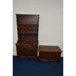 A SLIM MODERN OAK DRESSER and an oak blanket chest (2)