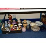 TWO BOXES AND LOOSE CERAMICS AND GLASS etc, to include an unmarked Chinese Moon Flask, approximate