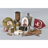 A BOX CONTAINING VARIOUS ITEMS OF WWI TRENCH ART ITEMS including a shell fashioned into a vase,