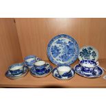 A SMALL COLLECTION OF LATE 18TH AND 19TH CENTURY BLUE AND WHITE TRANSFER PRINTED PORCLEAIN,