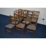 A PAIR OF EARLY 20TH CENTURY OAK BENTWOOD CHAIRS, another bentwood chair, three rush seated prayer