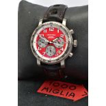A STAINLESS STEEL CHOPARD 1000 MIGLIA CHRONOGRAPH AUTOMATIC WRISTWATCH, red dial with bold Arabic