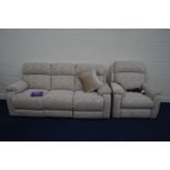 A NEARLY NEW DFS NEWBURY OATMEAL UPHOLSTERED ELECTRIC TWO PIECE LOUNGE SUITE, comprised of a three