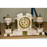 A LATE 19TH CENTURY MARBLE AND ONYX CLOCK GARNITURE, the clock of architectural form, the chapter