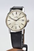 A 1970'S STAINLESS STEEL OMEGA GENEVE AUTOMATIC WRISTWATCH, silvered dial with black batons,