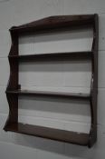 A 19TH CENTURY AND LATER MAHOGANY THREE TIER WATERFALL WALL SHELF/WHATNOT, width 63cm x depth 17cm x