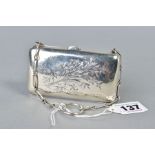 A GEORGE V SILVER RECTANGULAR PURSE, foliate engraved decoration back and front, tan leather lined
