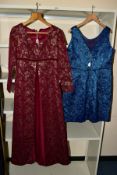 TWO SECOND HALF 20TH CENTURY LADIES EVENING DRESSES, together with a box of head scarves,
